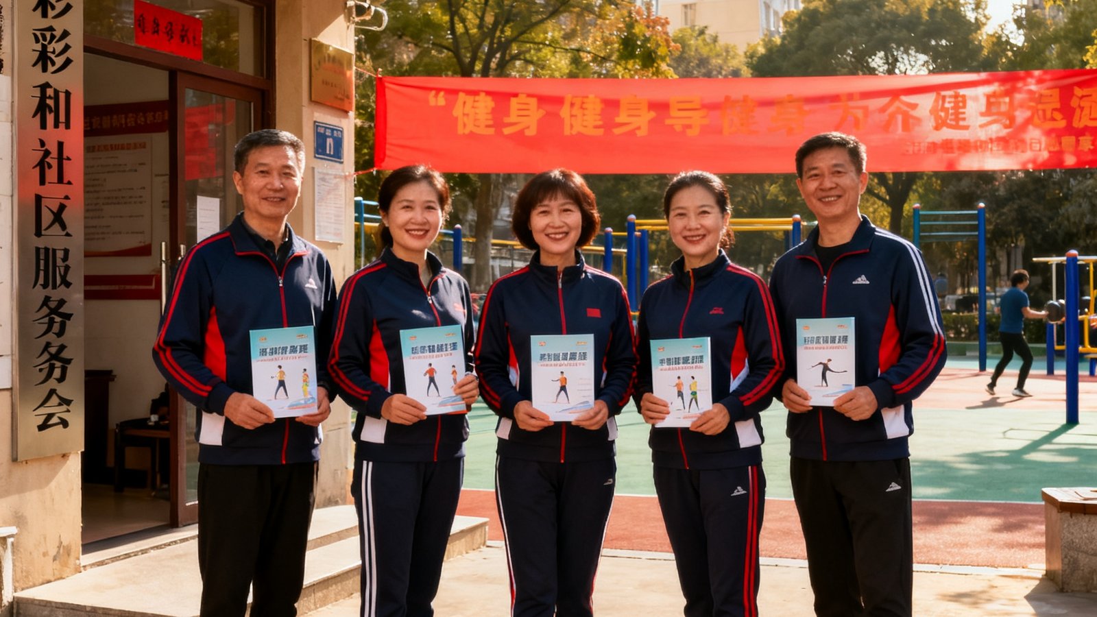 彩神团队五位成员穿着统一运动服装站在社区居委会门口合影，背景是社区健身广场和红色宣传横幅，团队成员面带微笑手持健身指导手册，阳光明媚的午后，画面传递出专业与亲和力。