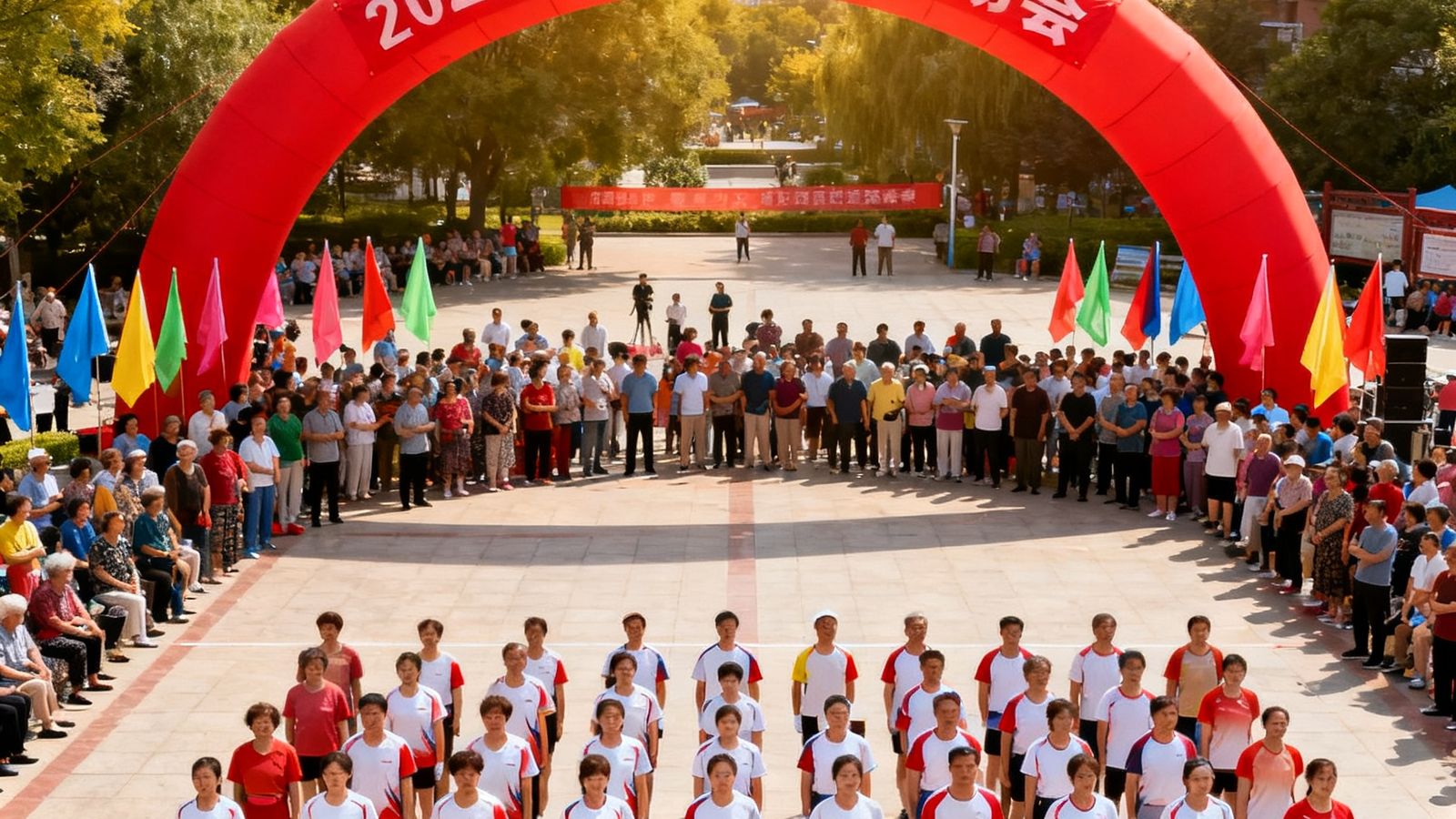 2025年夏季社区运动会开幕式现场，背景是大型红色拱门和飘舞的彩旗，数百名居民聚集在社区广场上，前排是准备参赛的运动员方阵穿着统一服装。