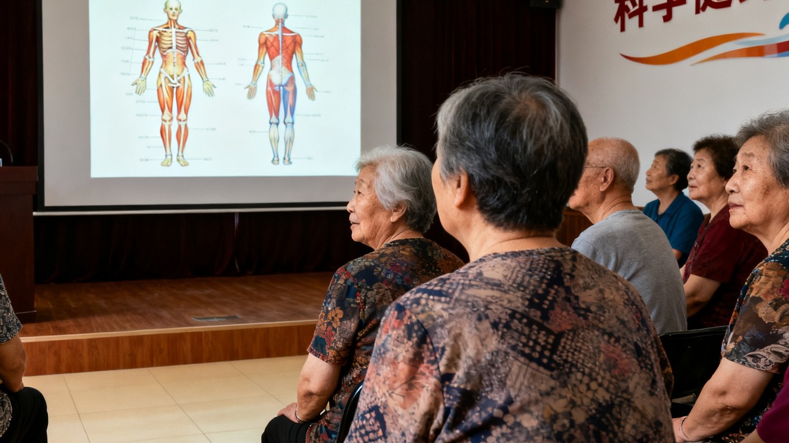 社区活动室内正在举行中老年科学健身讲座，投影屏幕上展示着骨骼肌肉示意图，台下坐着数十位认真听讲的中老年居民，气氛专注。