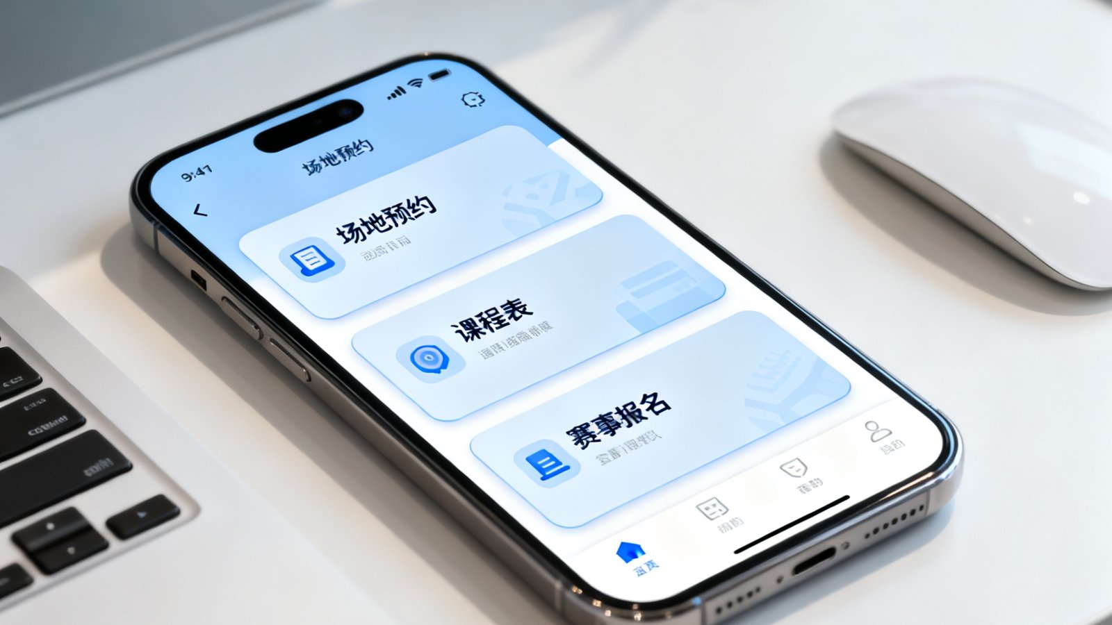 一部手机屏幕展示彩神小程序3.0新界面，采用了更简洁的卡片式设计，突出显示场地预约、课程表和赛事报名三大入口，背景是明亮的办公桌。