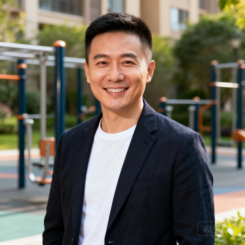 彩神创始人林志远的半身职业肖像照，他穿着深色休闲西装内搭白色T恤站在社区健身广场前，面带自信微笑，短发干练，背景虚化可辨认出健身器材和绿植。