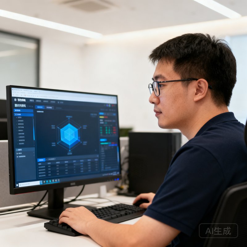 彩神技术总监陈浩宇的侧面工作照，他正在电脑前调试预约系统后台，戴着眼镜专注认真，屏幕显示出数据可视化界面，办公环境现代简洁。